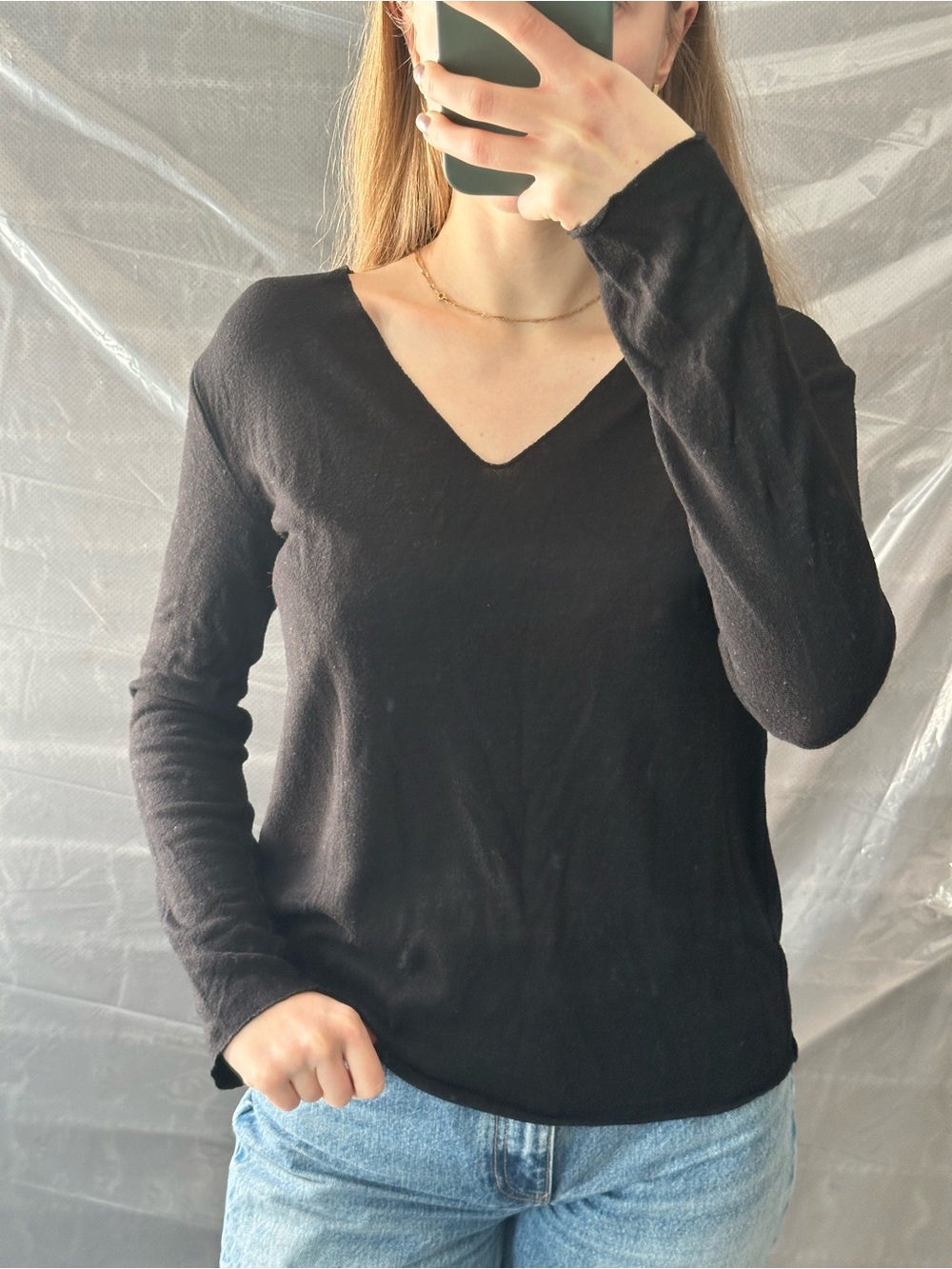 Zara Black V-Neck Long Sleeve Tee
